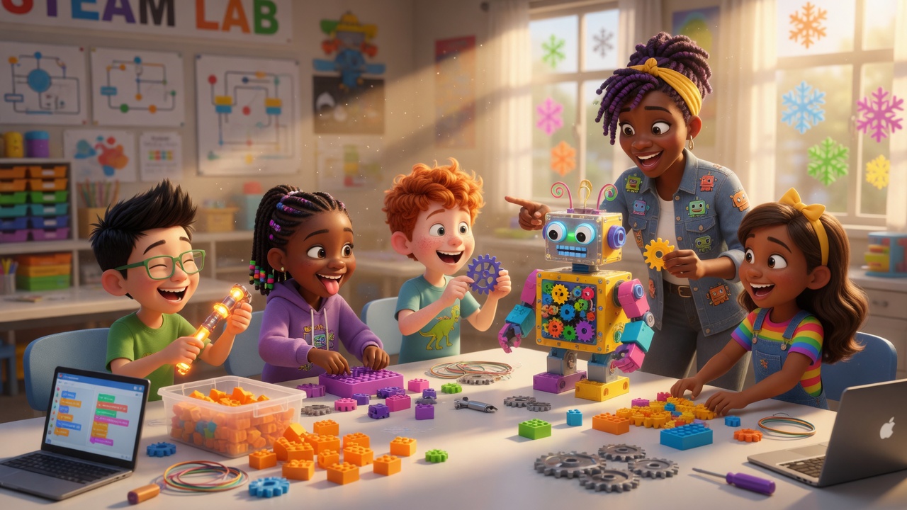 Children and a teacher building a robot together